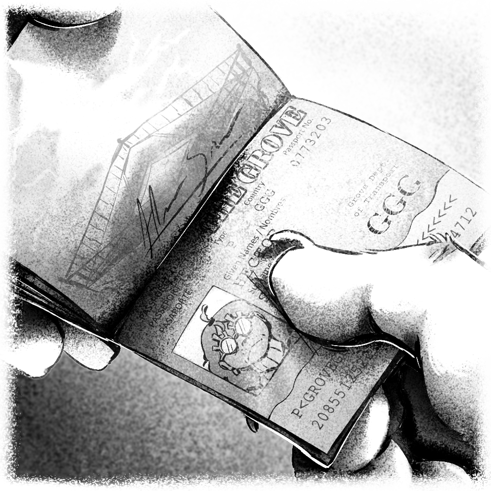 A black and white illustration of a hand giving a passport to someone else. The passport has Hector's name and face on it, and is from the Grove.