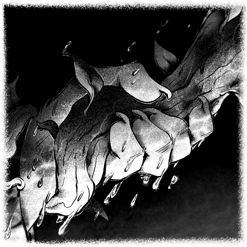 A clawed hand reaching up and across, grasping thick vines that wrap down to the wrist, a splash of water droplets around it.